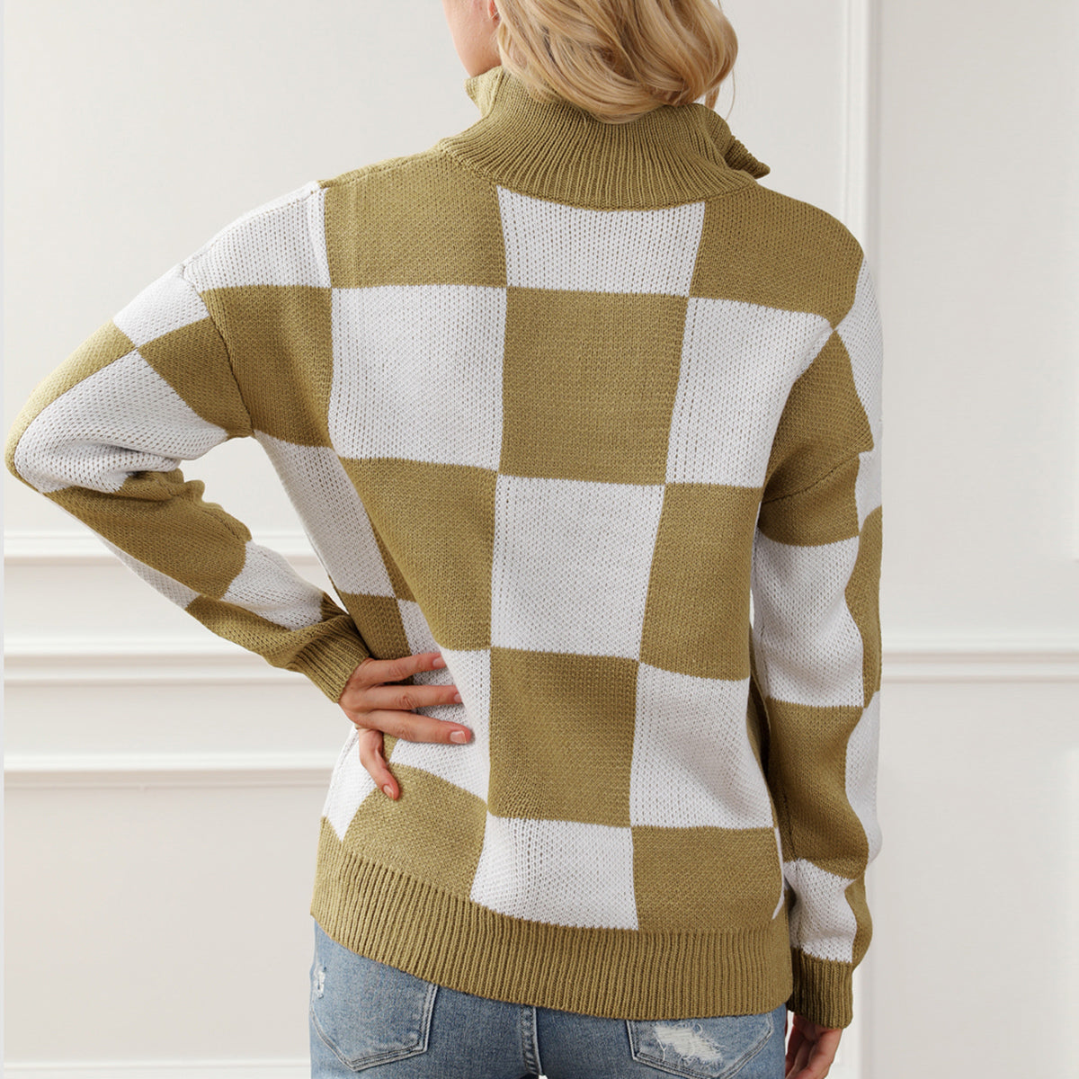 Checkered Half Zip Long Sleeve Sweater