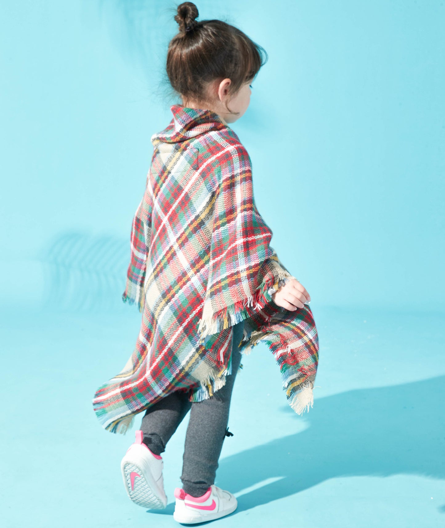 Plaid Horn Buckle Fringe Hem Shawl