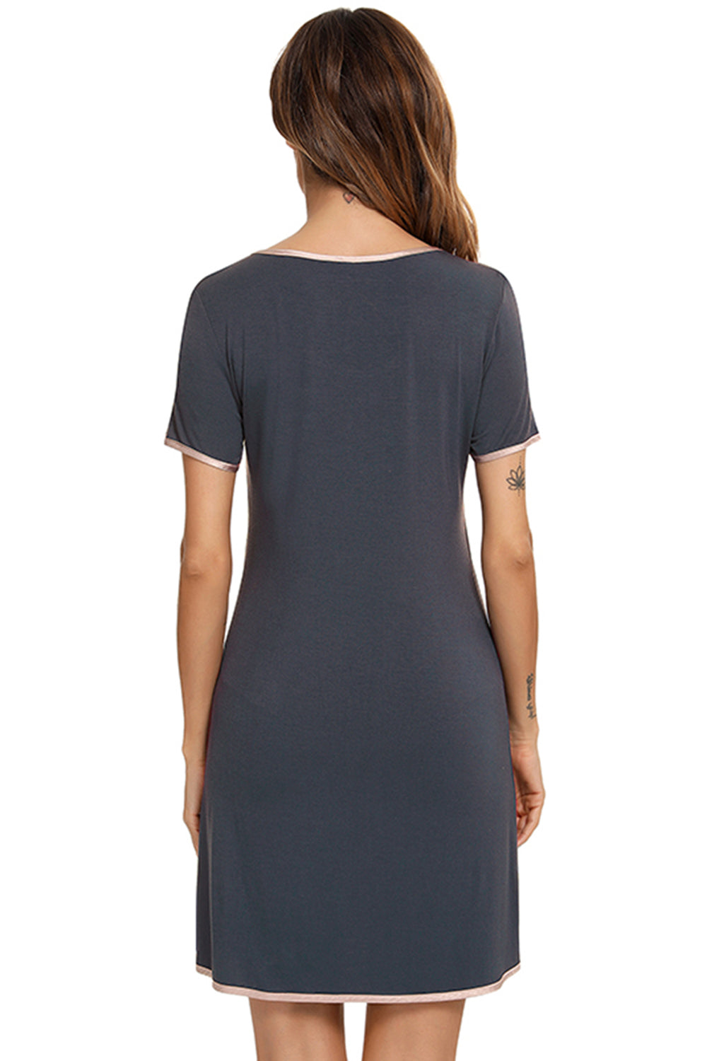 Contrast Trim Pocketed Round Neck Lounge Dress