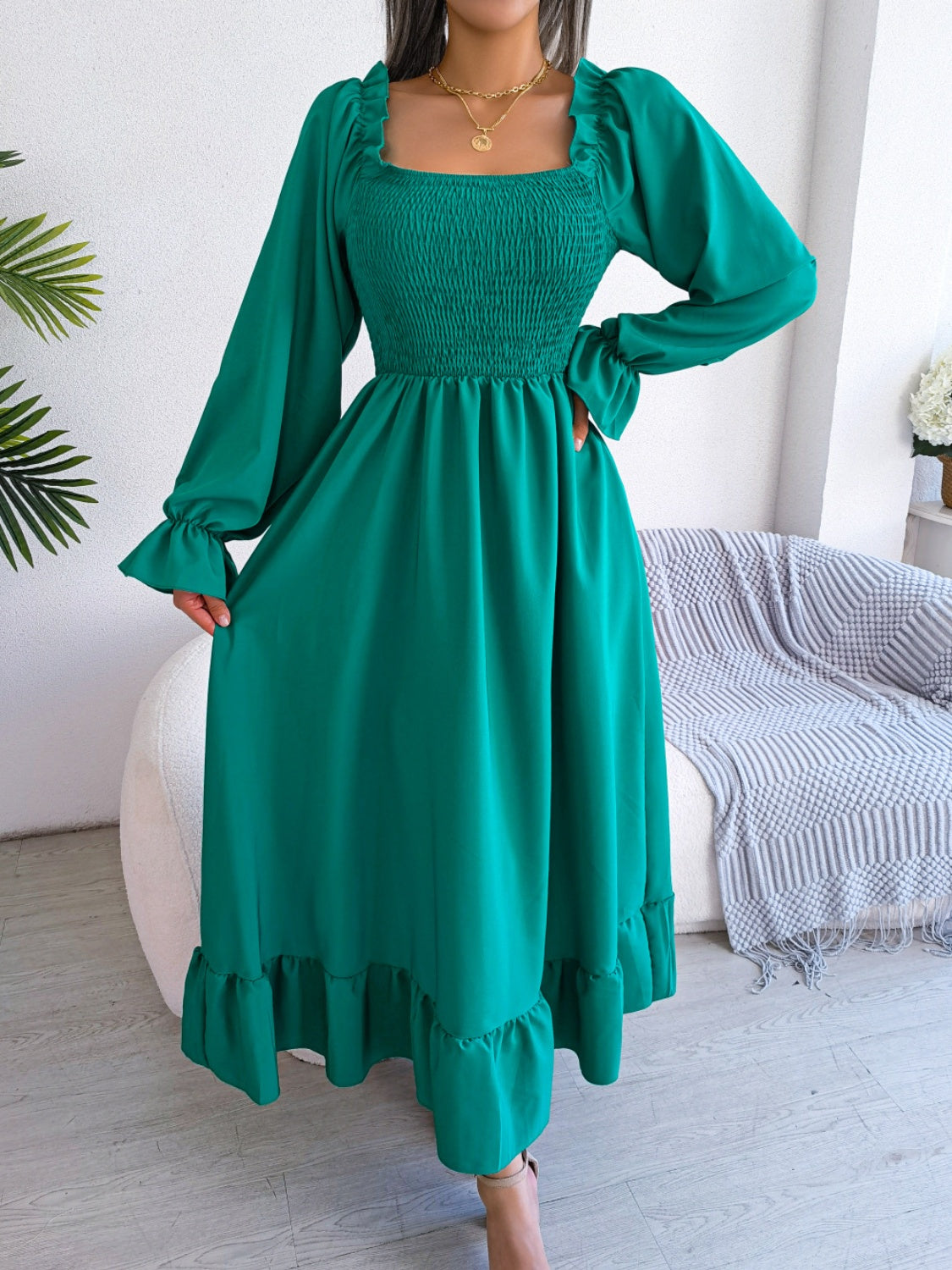 Smocked Square Neck Flounce Sleeve Dress