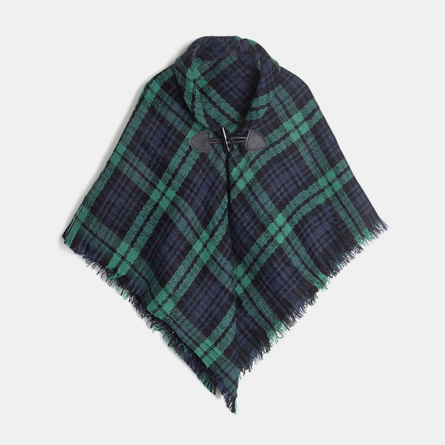 Plaid Horn Buckle Fringe Hem Shawl