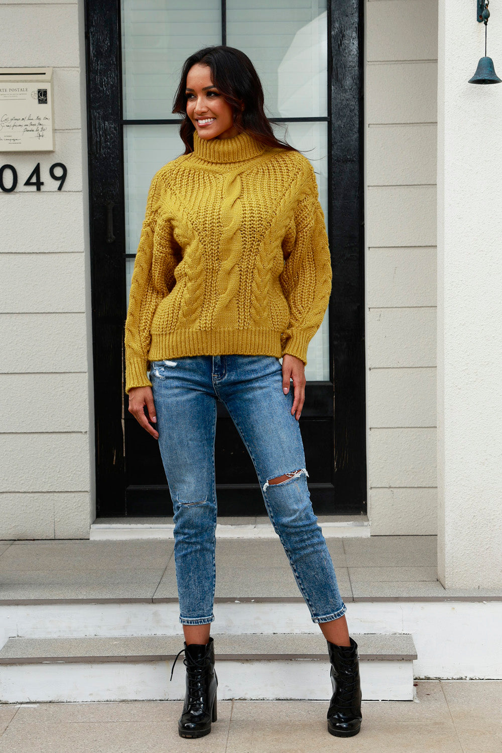 Cable-Knit Turtleneck Long Sleeve Sweater