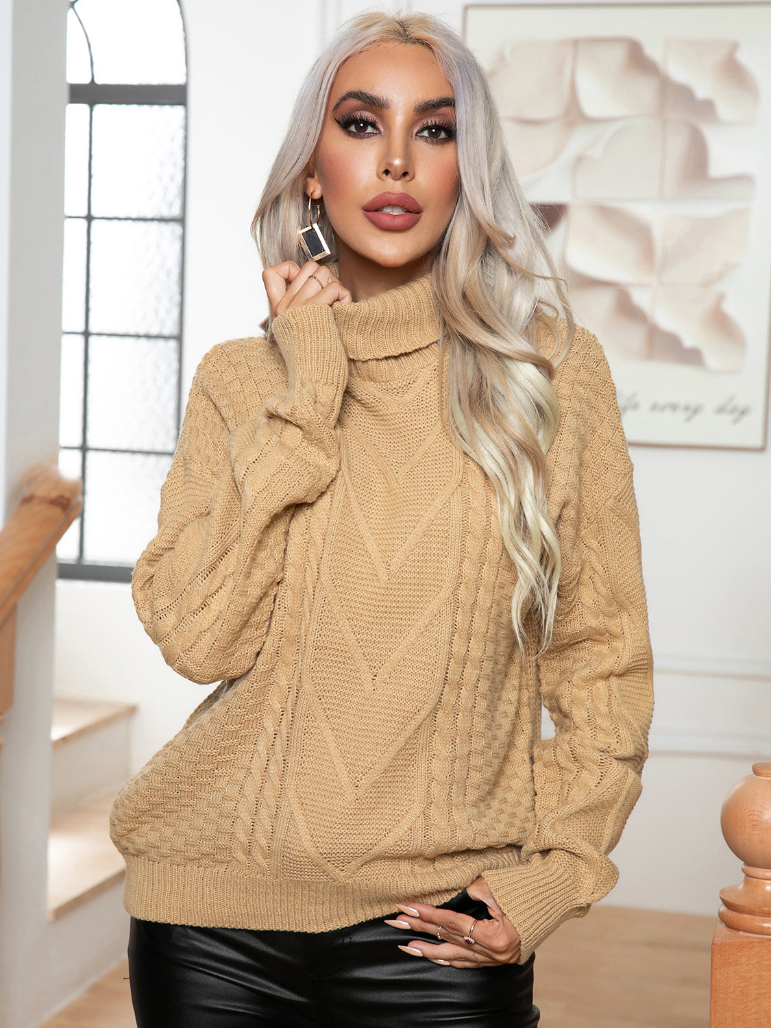 Turtleneck Cable-Knit Long Sleeve Sweater