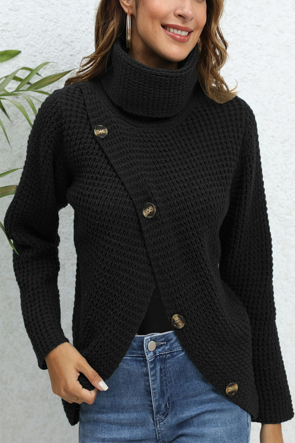 Buttoned Turtleneck Long Sleeve Sweater