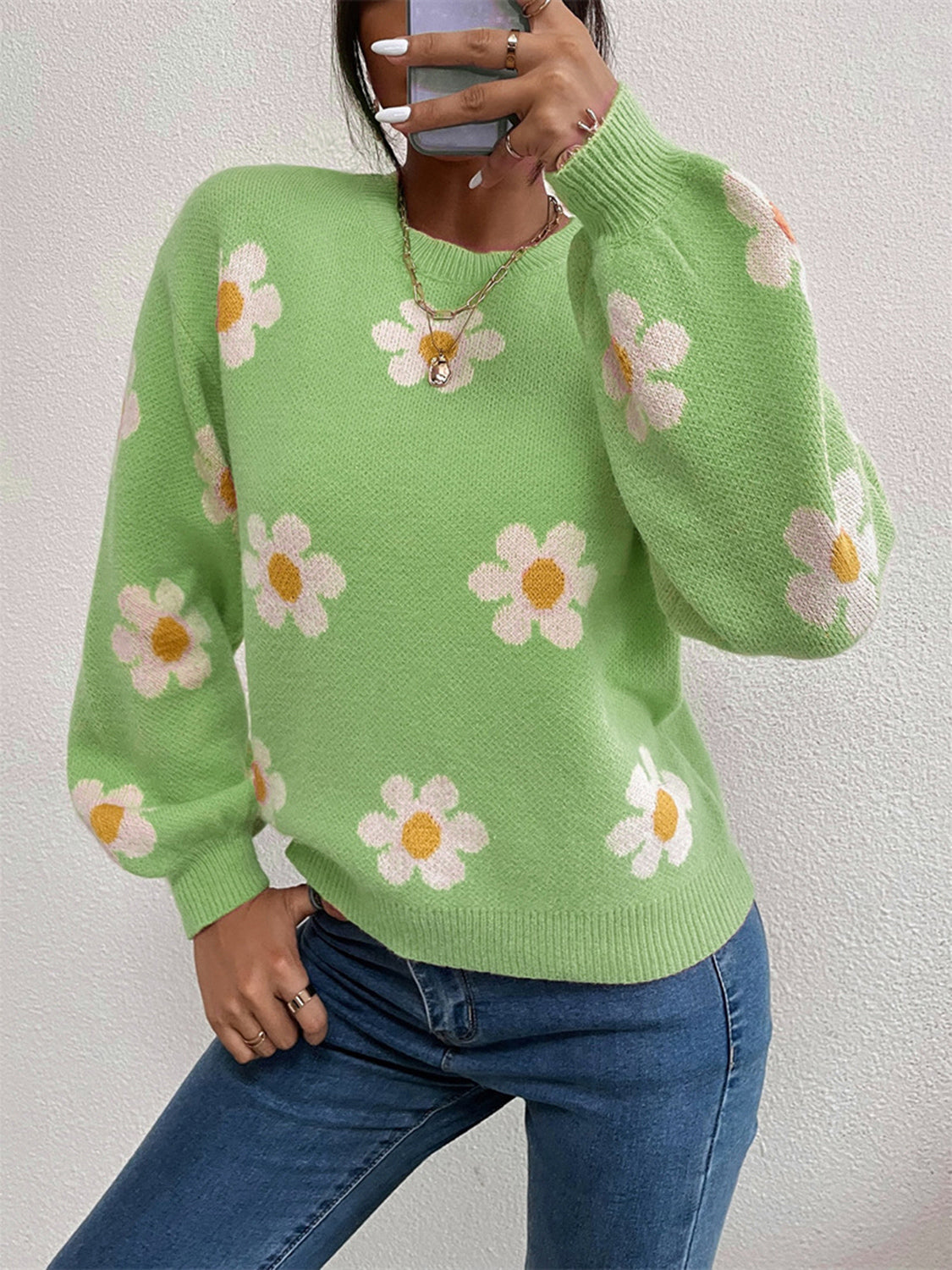 Flower Round Neck Latern Sleeve Sweater