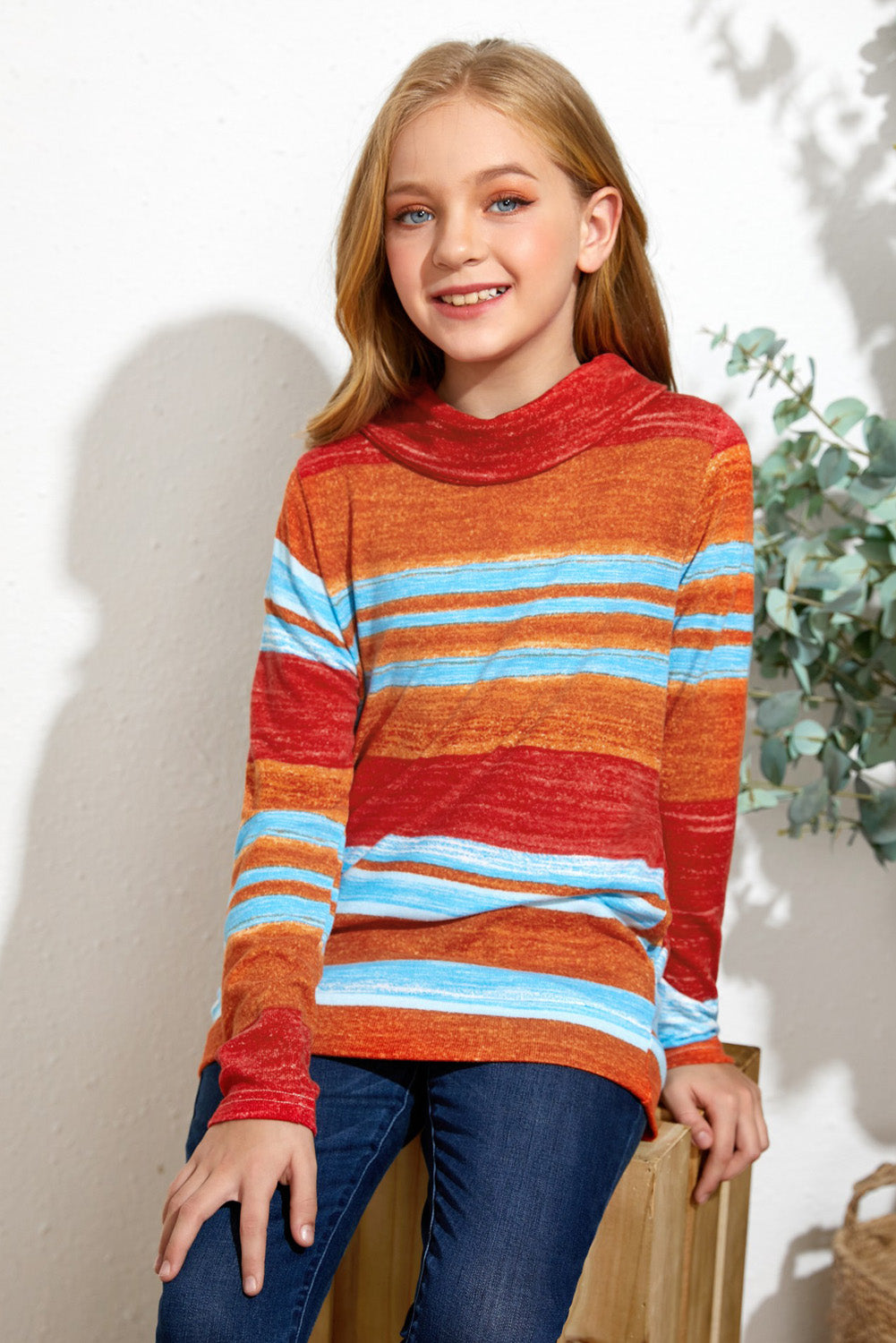 Girls Striped Cowl Neck Top with Pockets