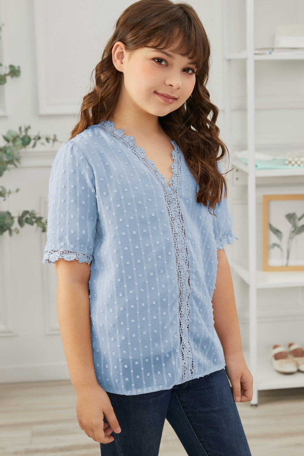 Girls Swiss Dot Spliced Lace Blouse