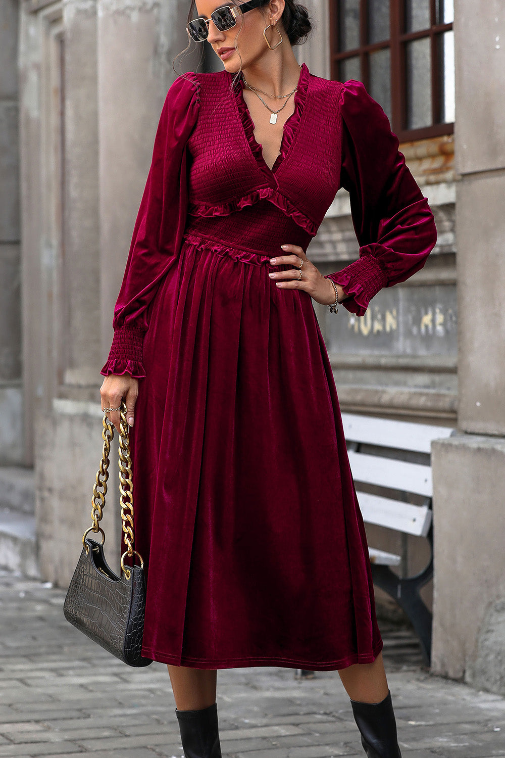 Perfee Smocked Lantern Sleeve Midi Dress