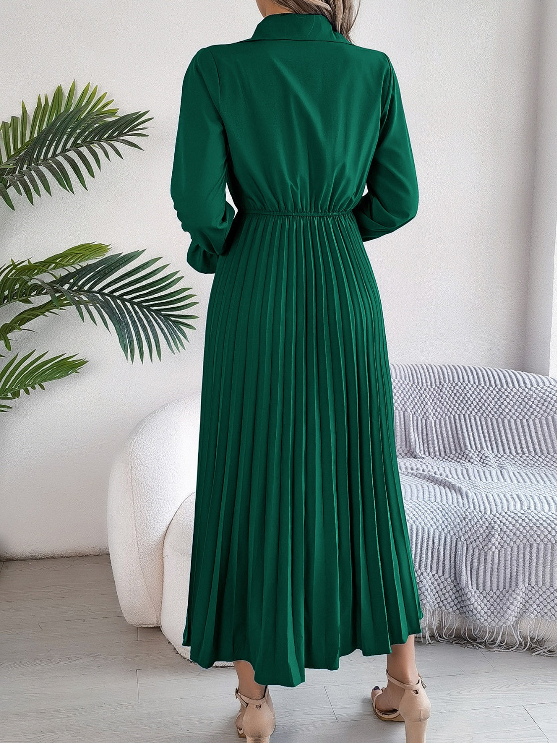 Pleated Half Button Long Sleeve Midi Dress