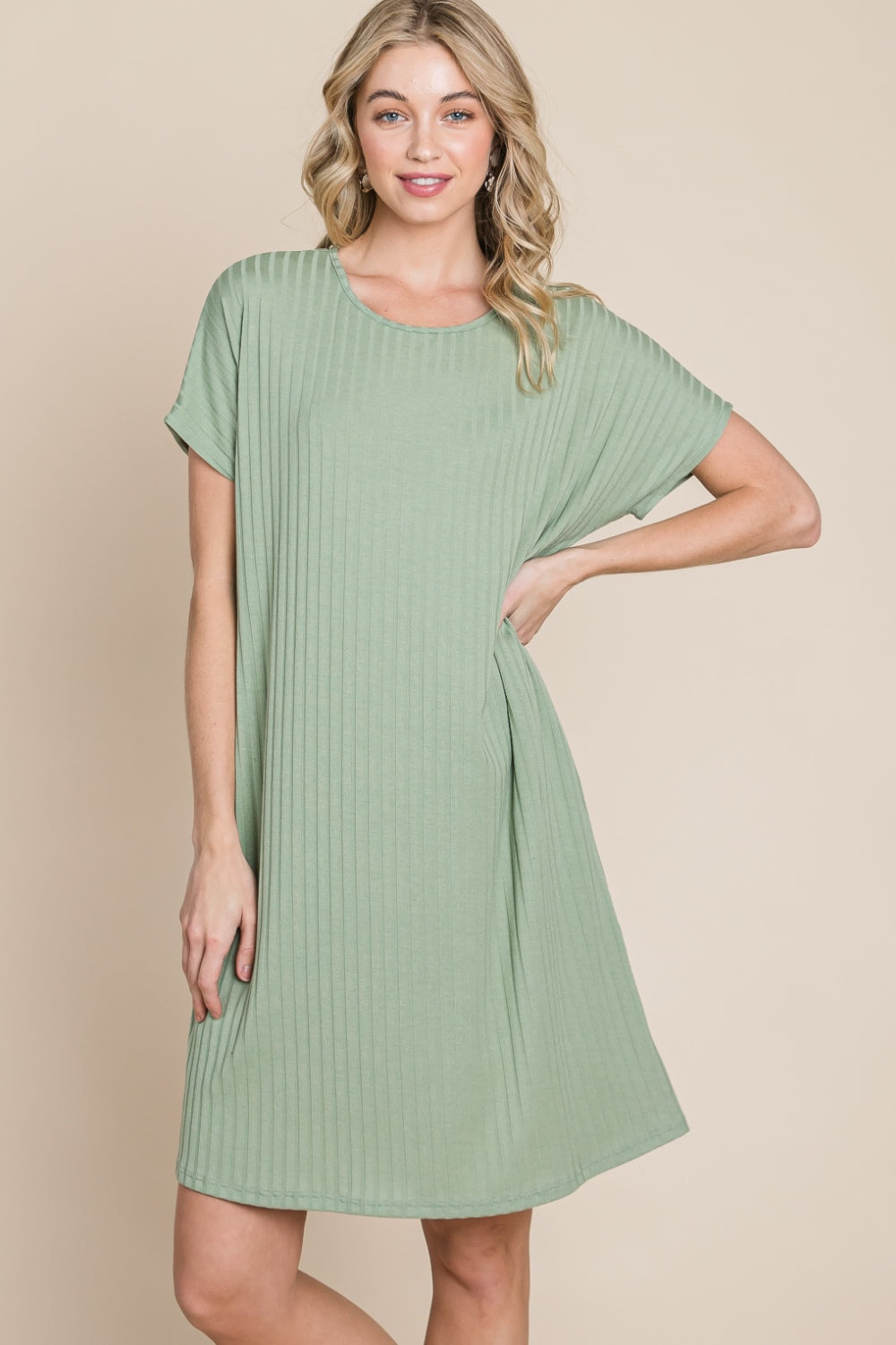 BOMBOM Ribbed Round Neck Short Sleeve Dress