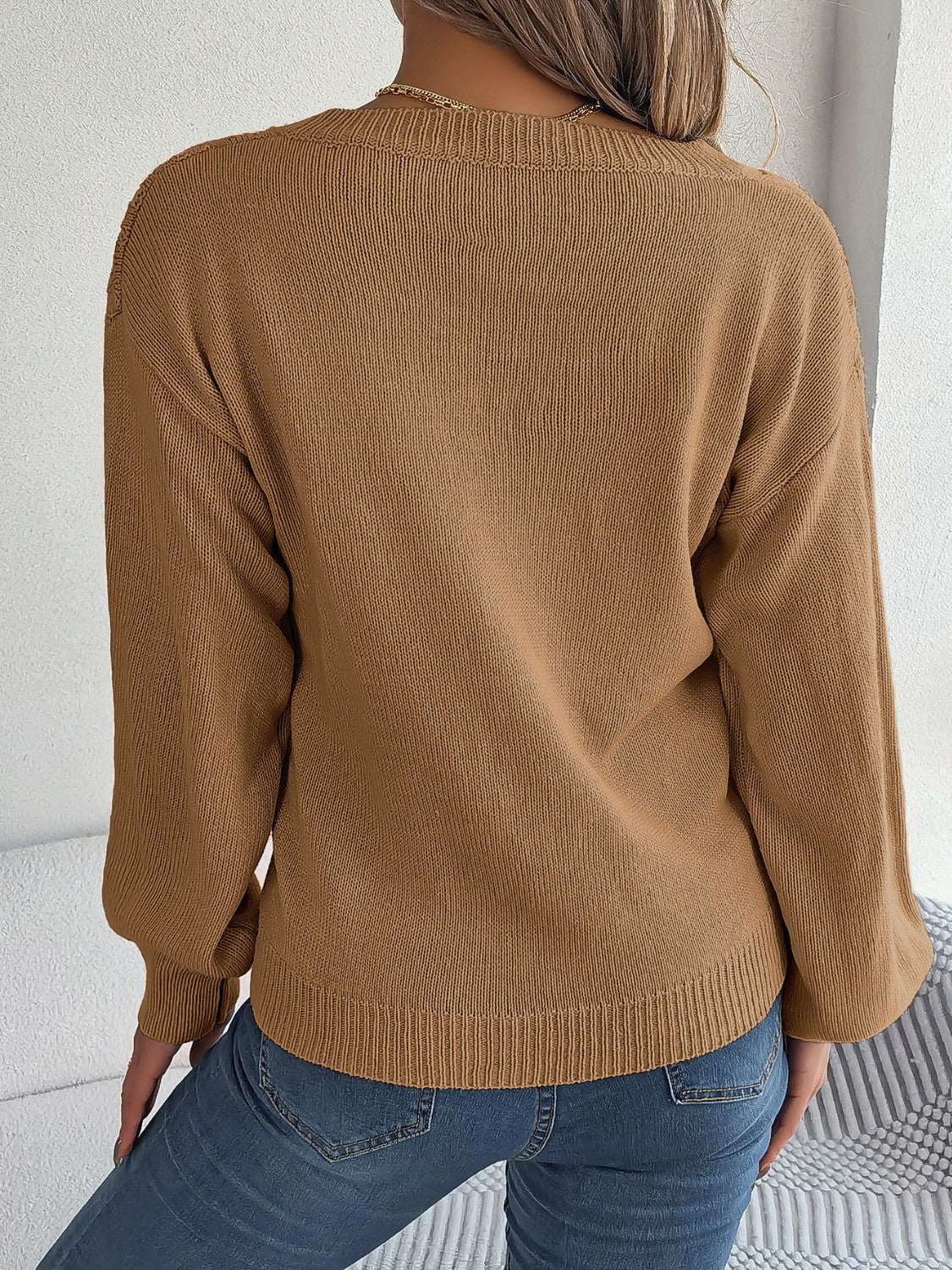 Cable-Knit V-Neck Lantern Sleeve Sweater