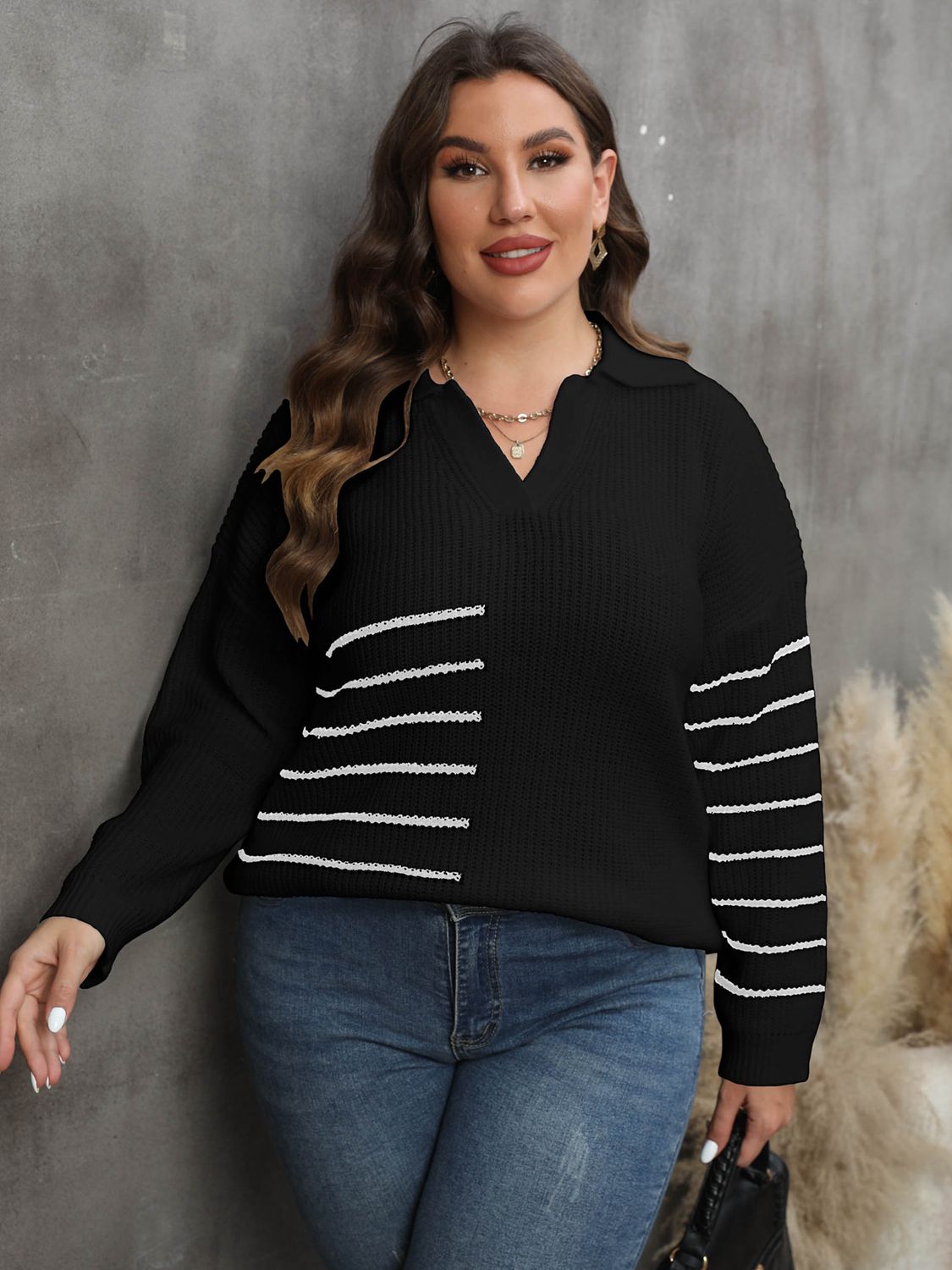 Plus Size Striped V-Neck Sweater