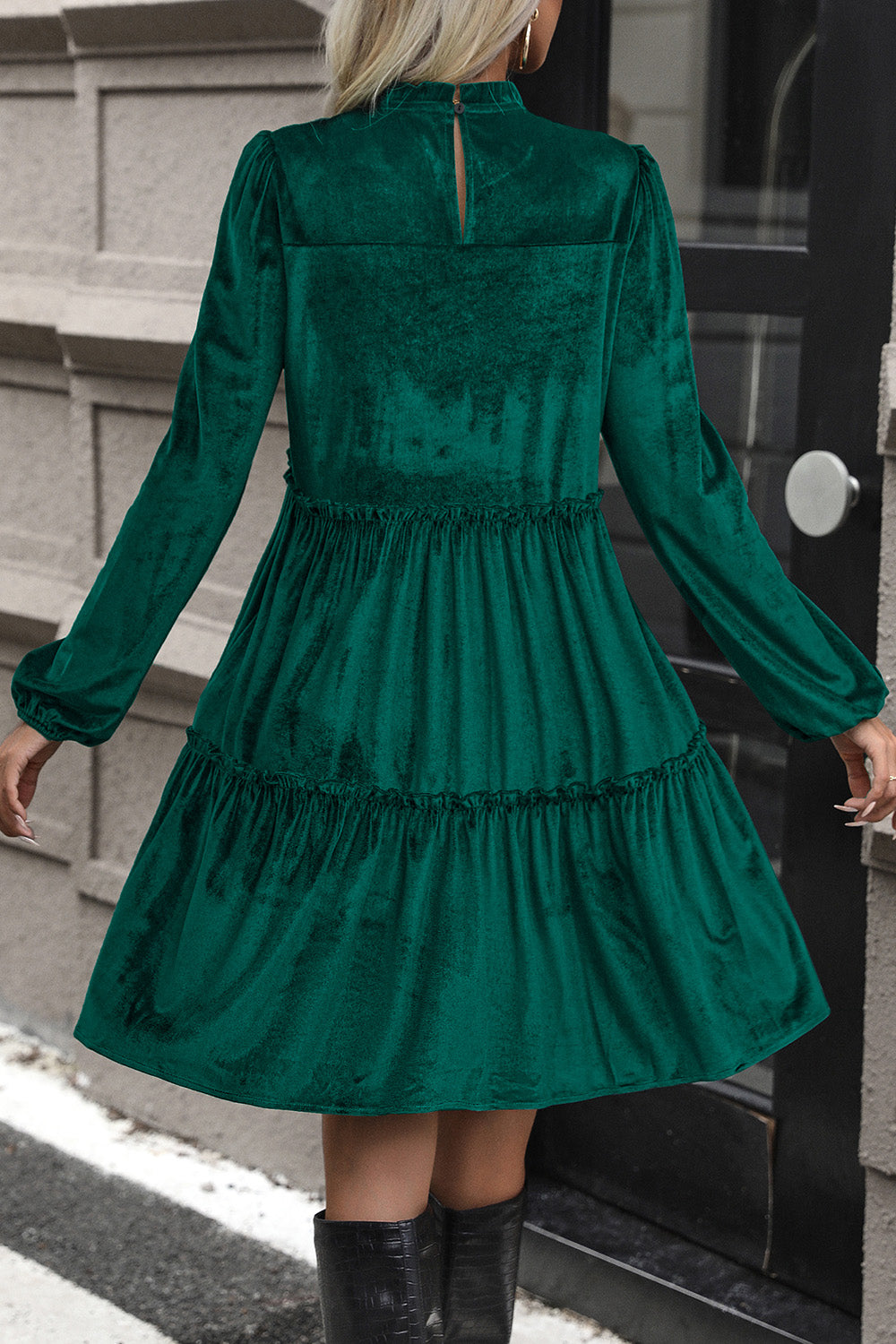 Perfee Smocked Balloon Sleeve Frill Trim Tiered Dress