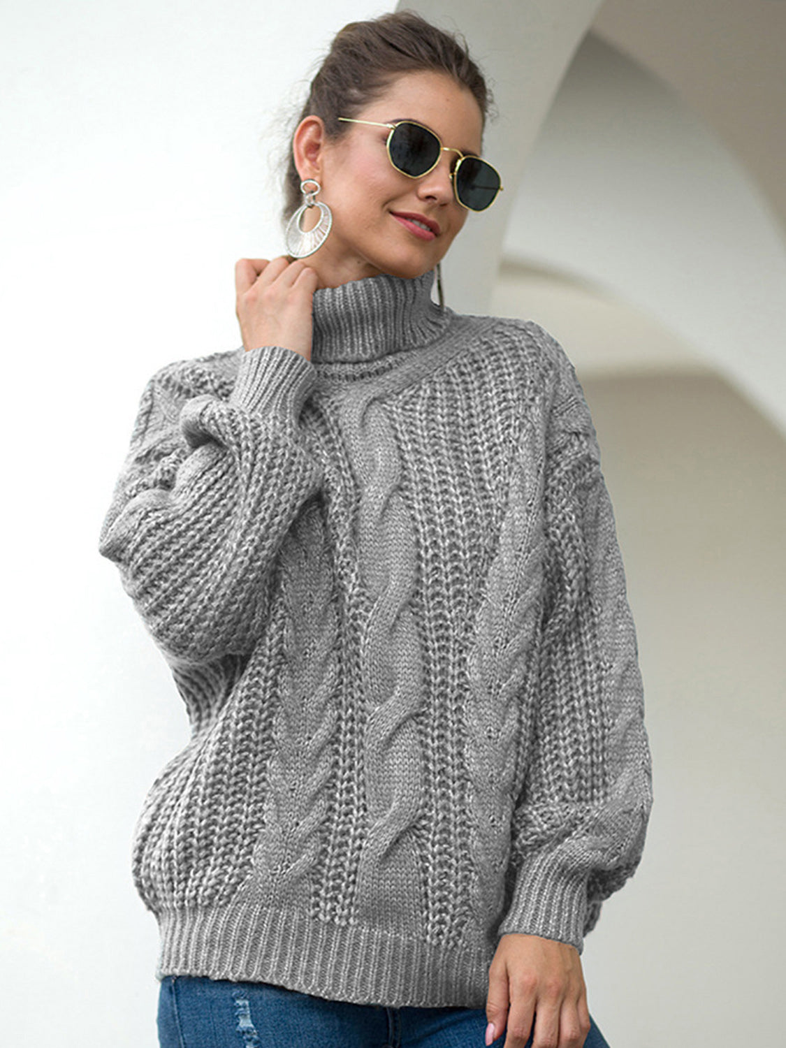 Turtleneck Cable-Knit Dropped Shoulder Sweater