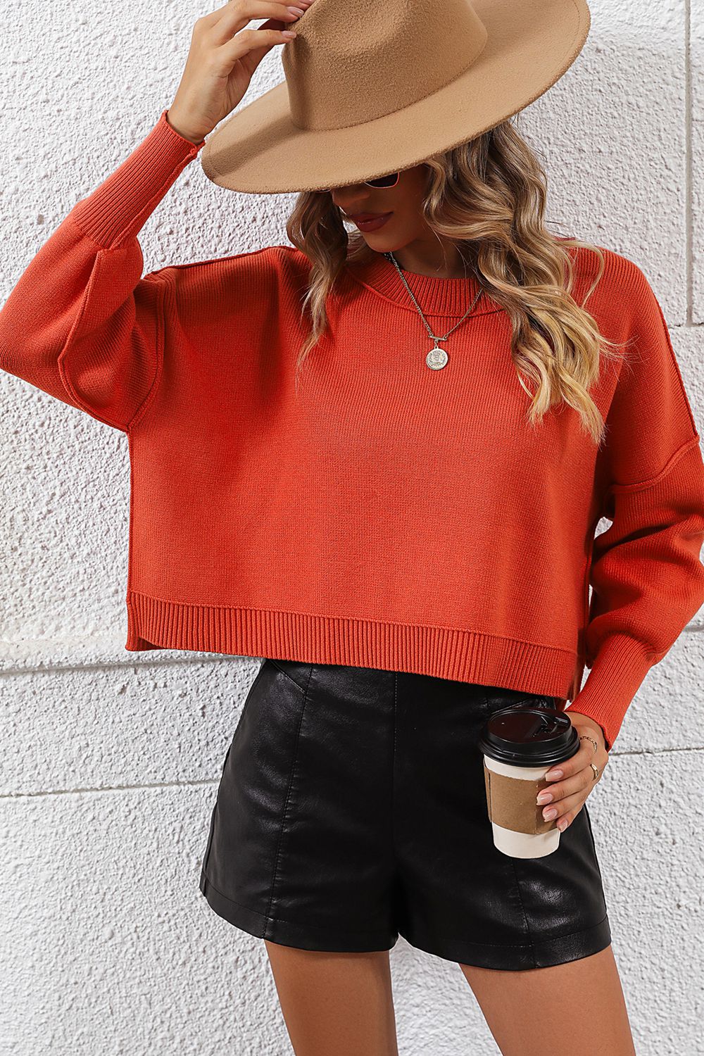 Round Neck Dropped Shoulder Pullover Sweater