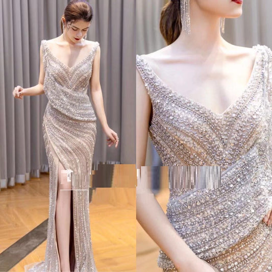 Presiding Double Shoulder Heavy Industry Luxury Diamond Wedding Photo Stage Evening Dress