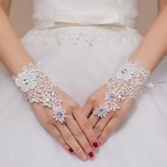 Bridal Wedding Dress Water Soluble Flower Fingerless Short Colored Diamond Gloves