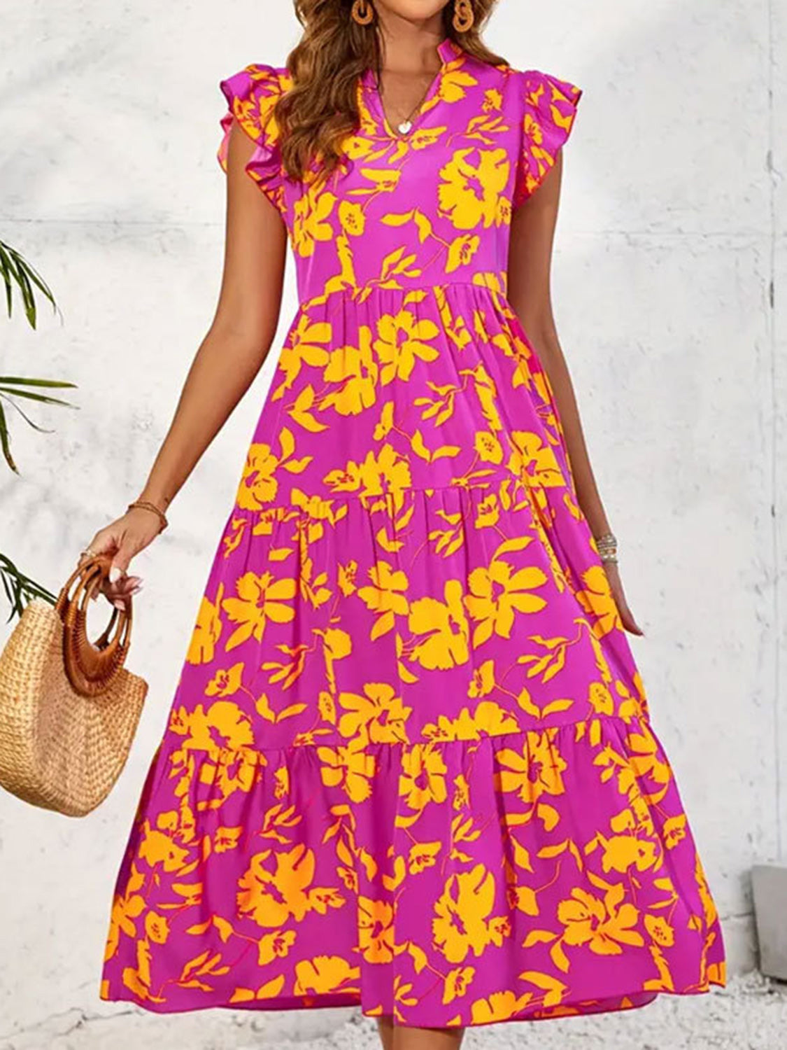 Ruffled Printed Cap Sleeve Midi Dress