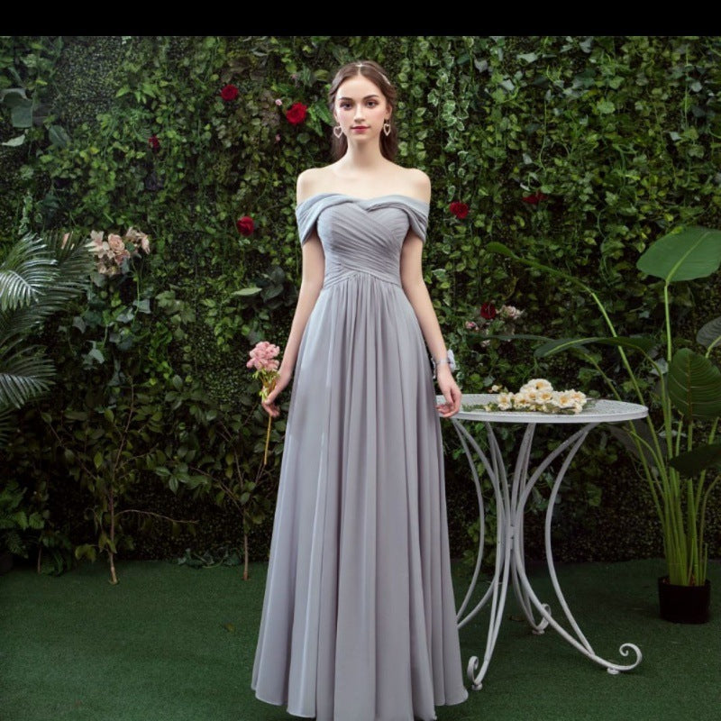 Bridesmaid Long Gray Bridesmaid Sisters Wedding Slimming Off-shoulder Banquet Dress