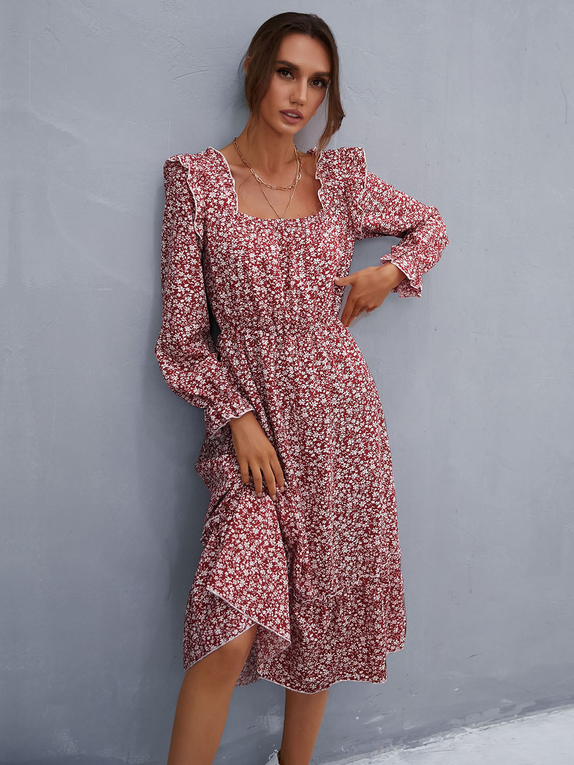 Perfee Ruffled Ditsy Floral Flounce Sleeve Dress