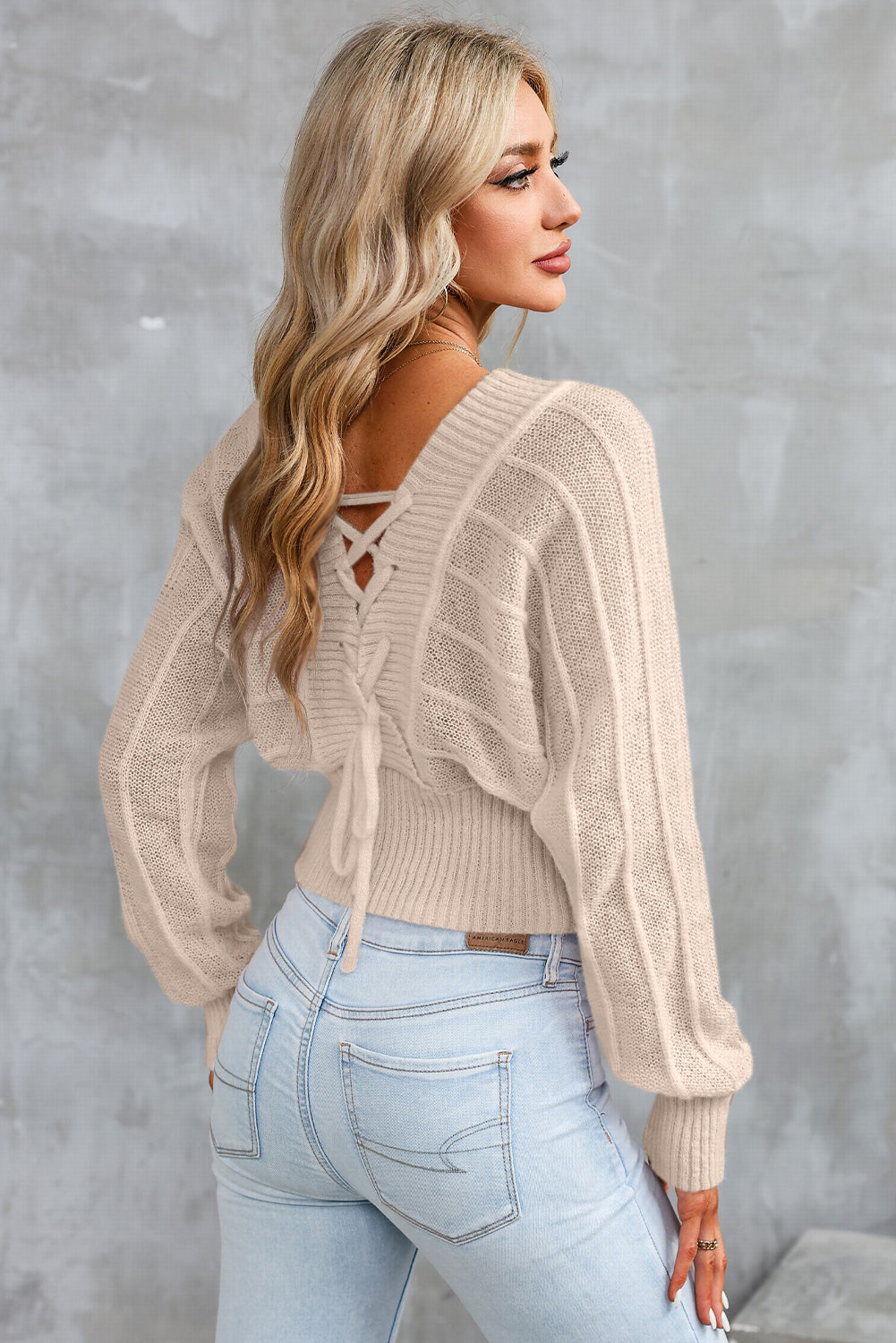 Surplice Neck Lace-Up Sweater