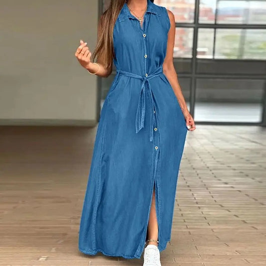 Women's Lapel Sleeveless Waist-controlled Lace-up Denim Dress