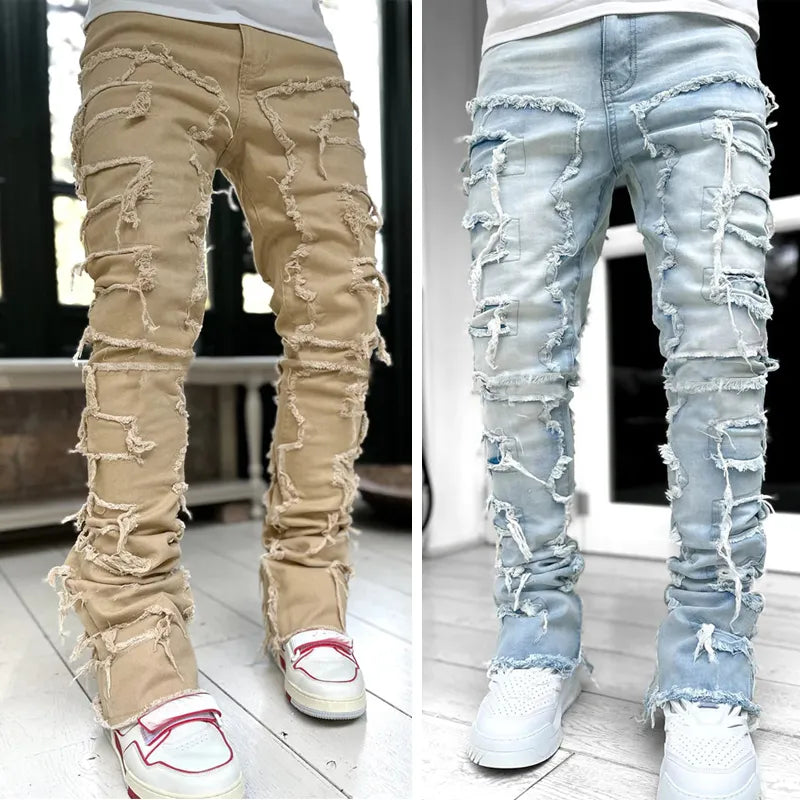 New Fashion Embroidery Patchwork Brown Baggy Men Jeans Pants Male Y2K Clothes Straight Hip Hop Cotton Trousers Pantalon Homme