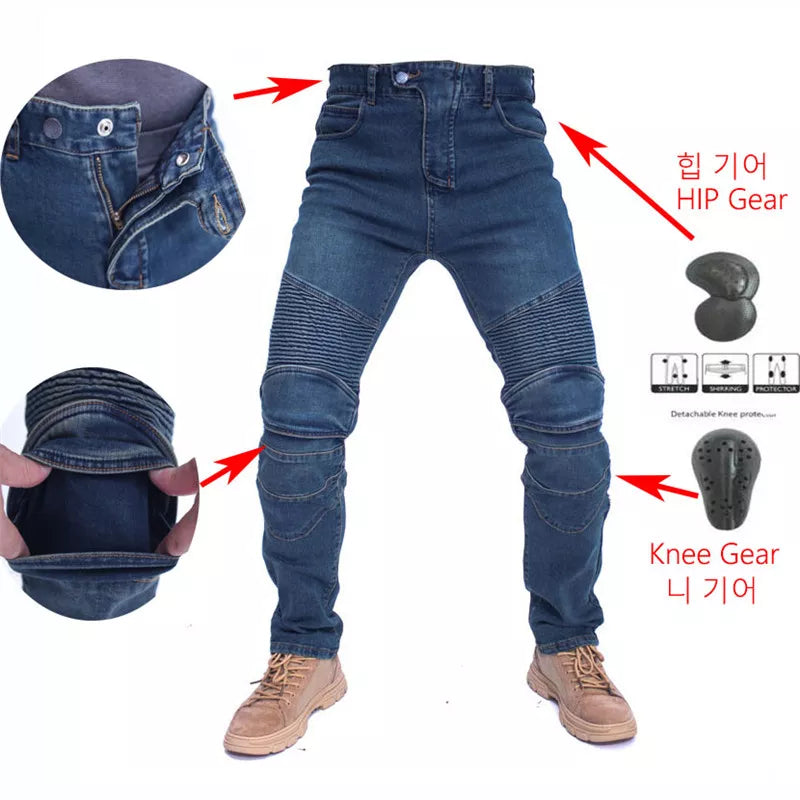 Men Jeans Collection Classic Denim UGB06 PK718 PK719 Zip Motorcycle Pants  Pantalones Motocicleta Hombre Featherbed Jeans Gears