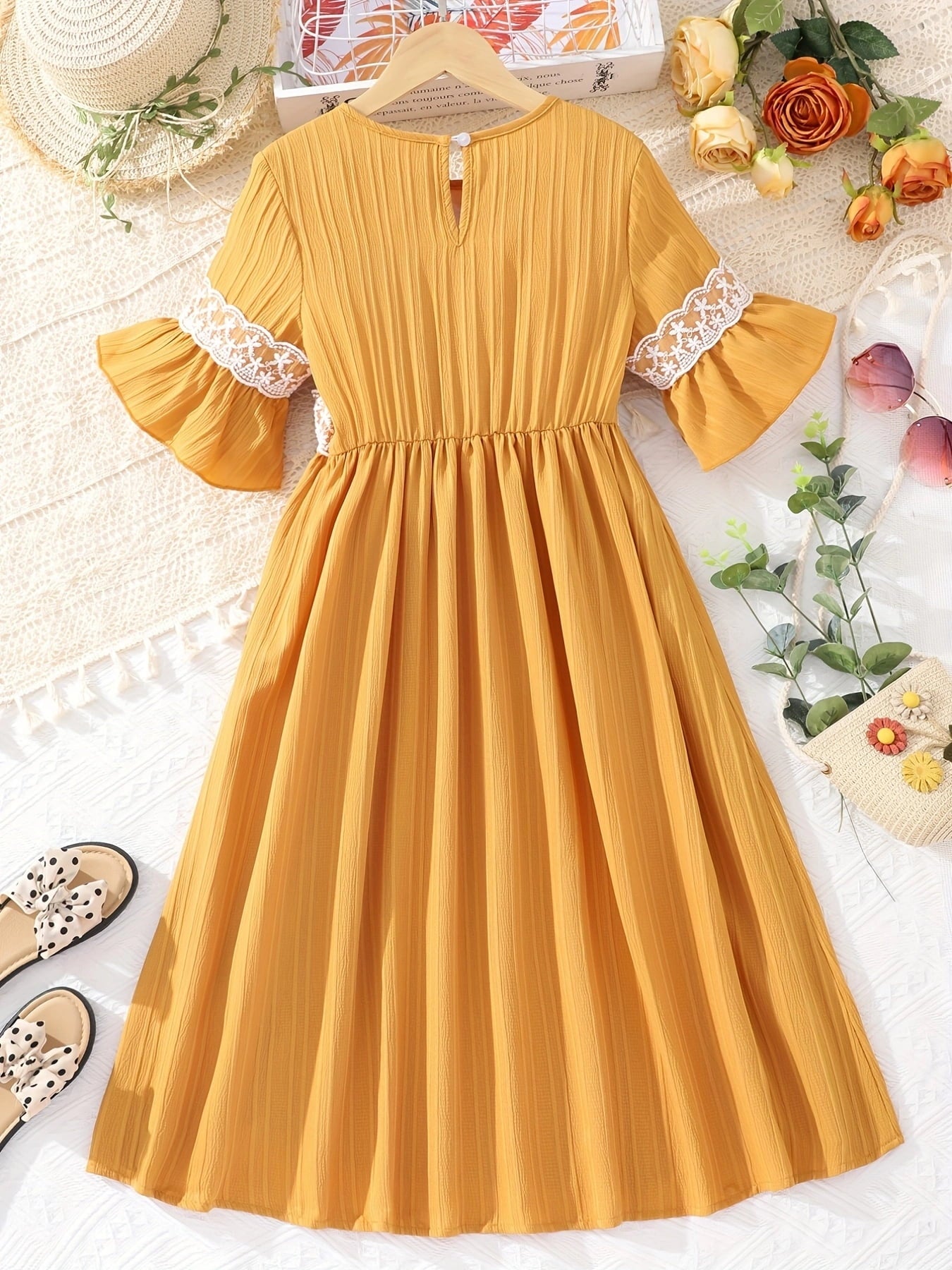 Lace Waistband Embroidery Round Neck Flounce Sleeve Dress