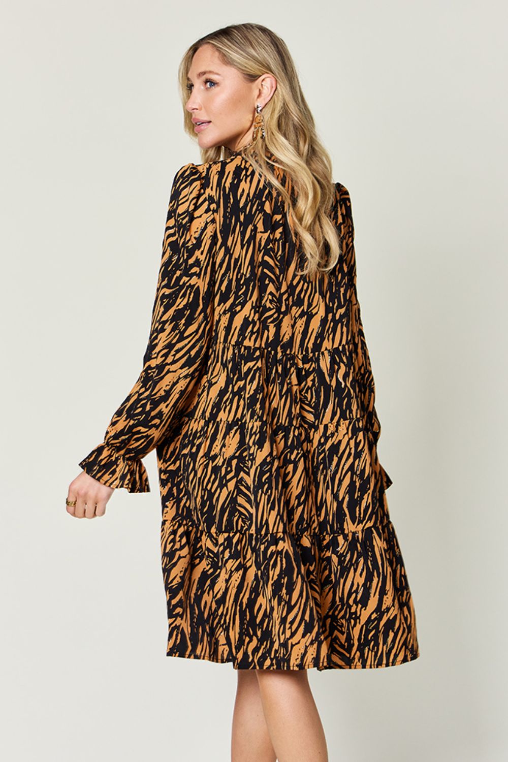 Double Take Full Size Printed Ruffle Hem Long Sleeve Dress