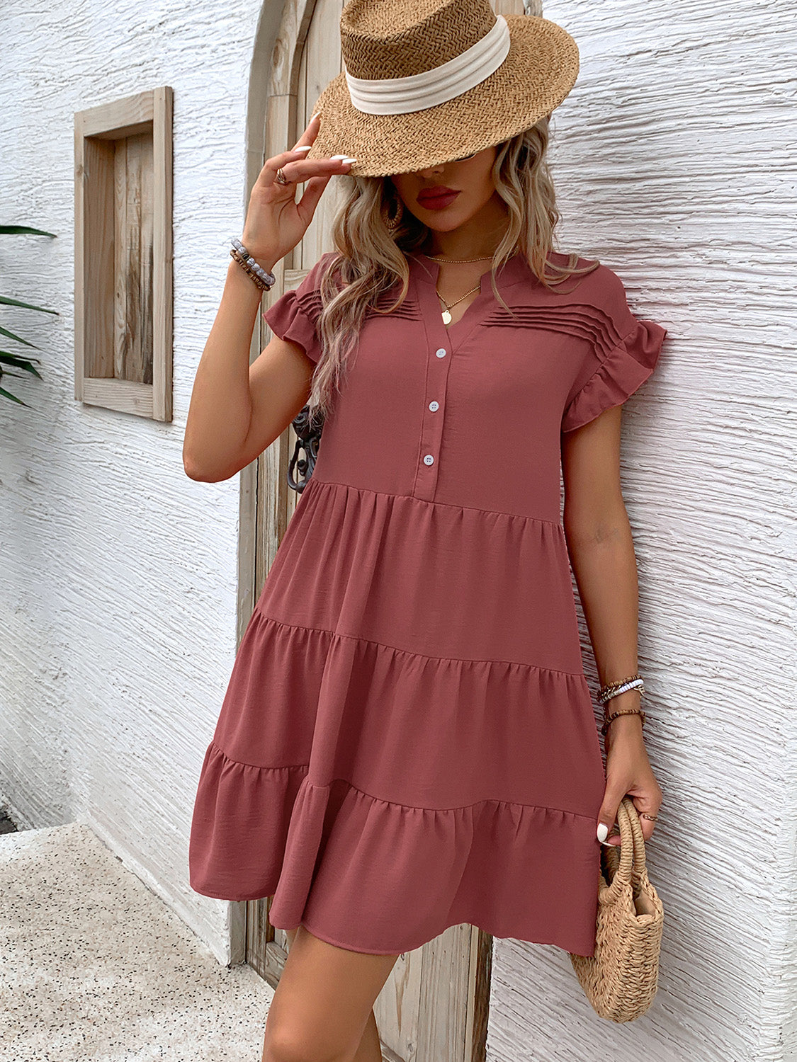 Perfee Tiered Notched Flounce Sleeve Mini Dress