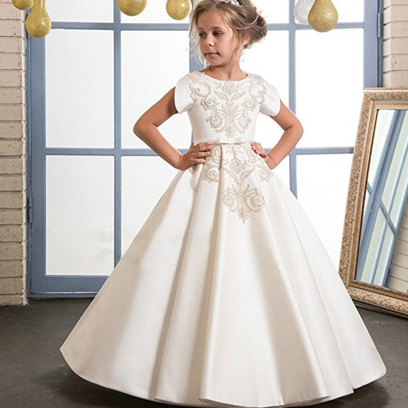 Children's Dress High-end Satin Embroidered Umbrella Princess Dress Long Flower Girl Wedding Dress