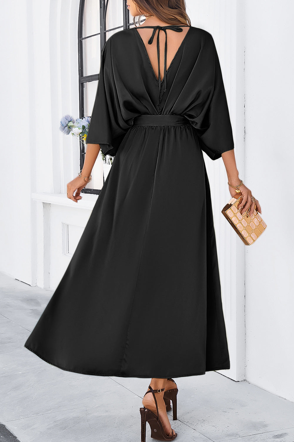 Devine Slit Tied V-Neck Three-Quarter Sleeve Dress