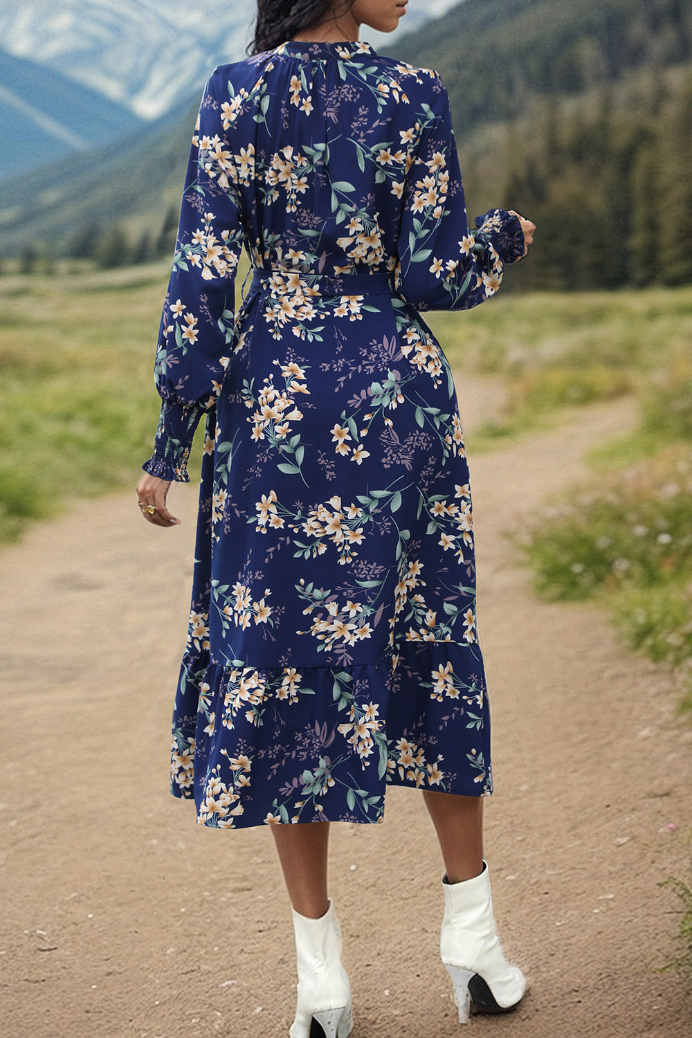 Perfee Printed Notched Lantern Sleeve Midi Dress