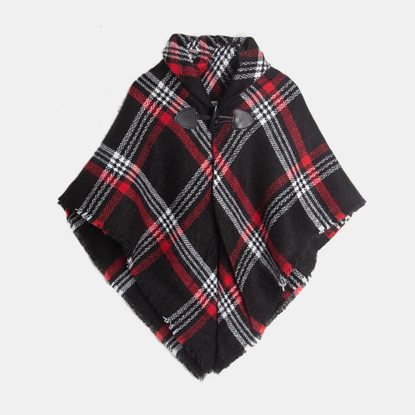 Plaid Horn Buckle Fringe Hem Shawl