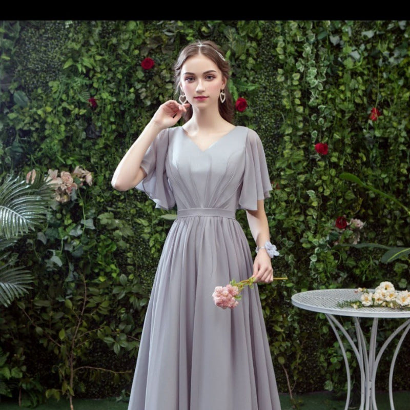 Bridesmaid Long Gray Bridesmaid Sisters Wedding Slimming Off-shoulder Banquet Dress