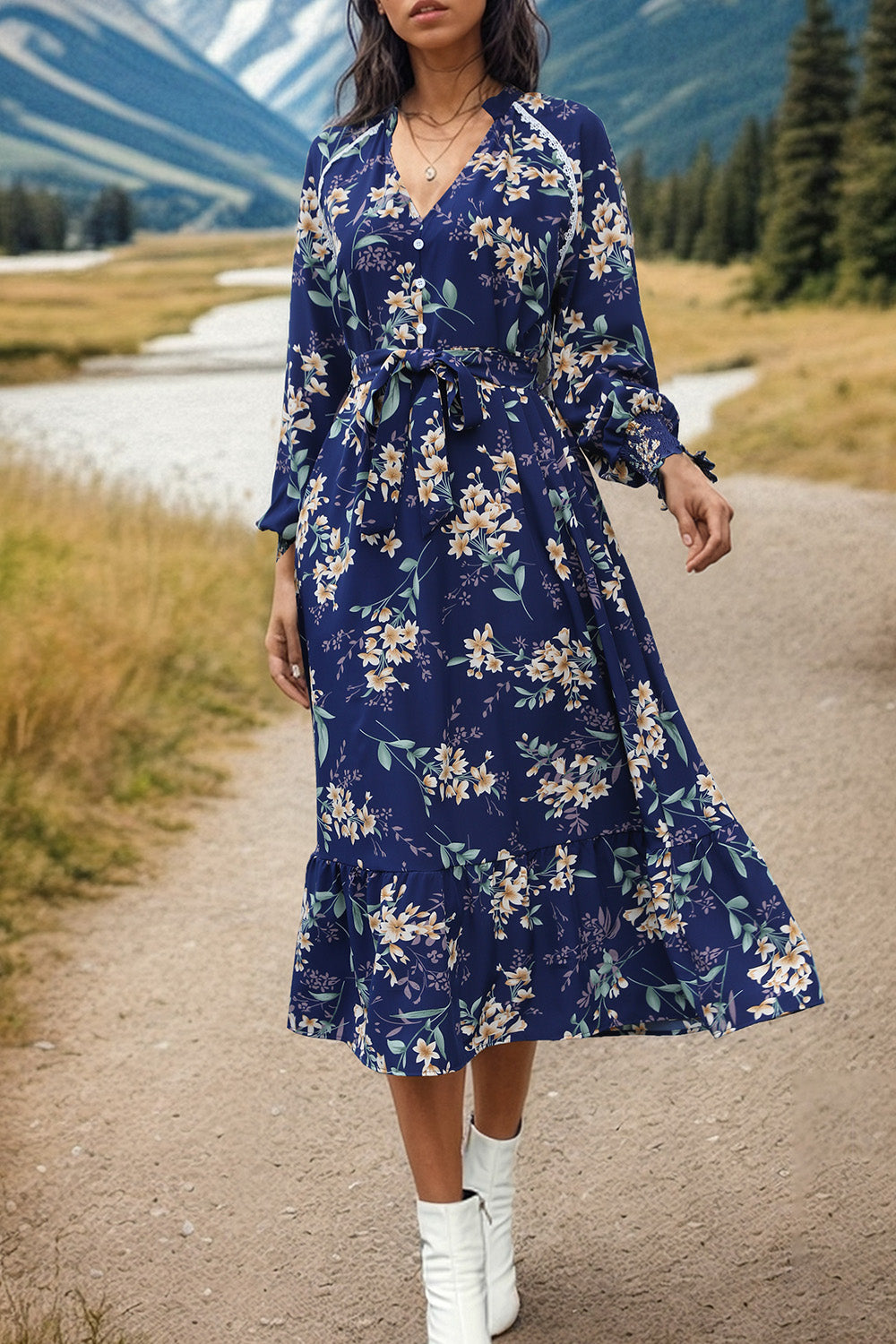 Perfee Printed Notched Lantern Sleeve Midi Dress