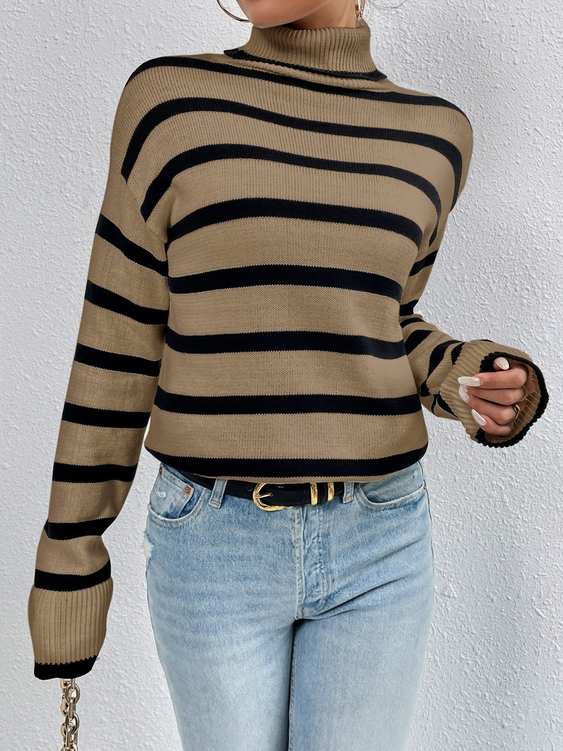 Striped Turtleneck Drop Shoulder Sweater