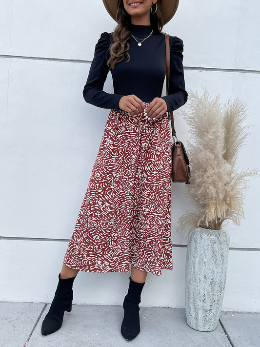 Perfee Printed Mock Neck Puff Sleeve Midi Dress