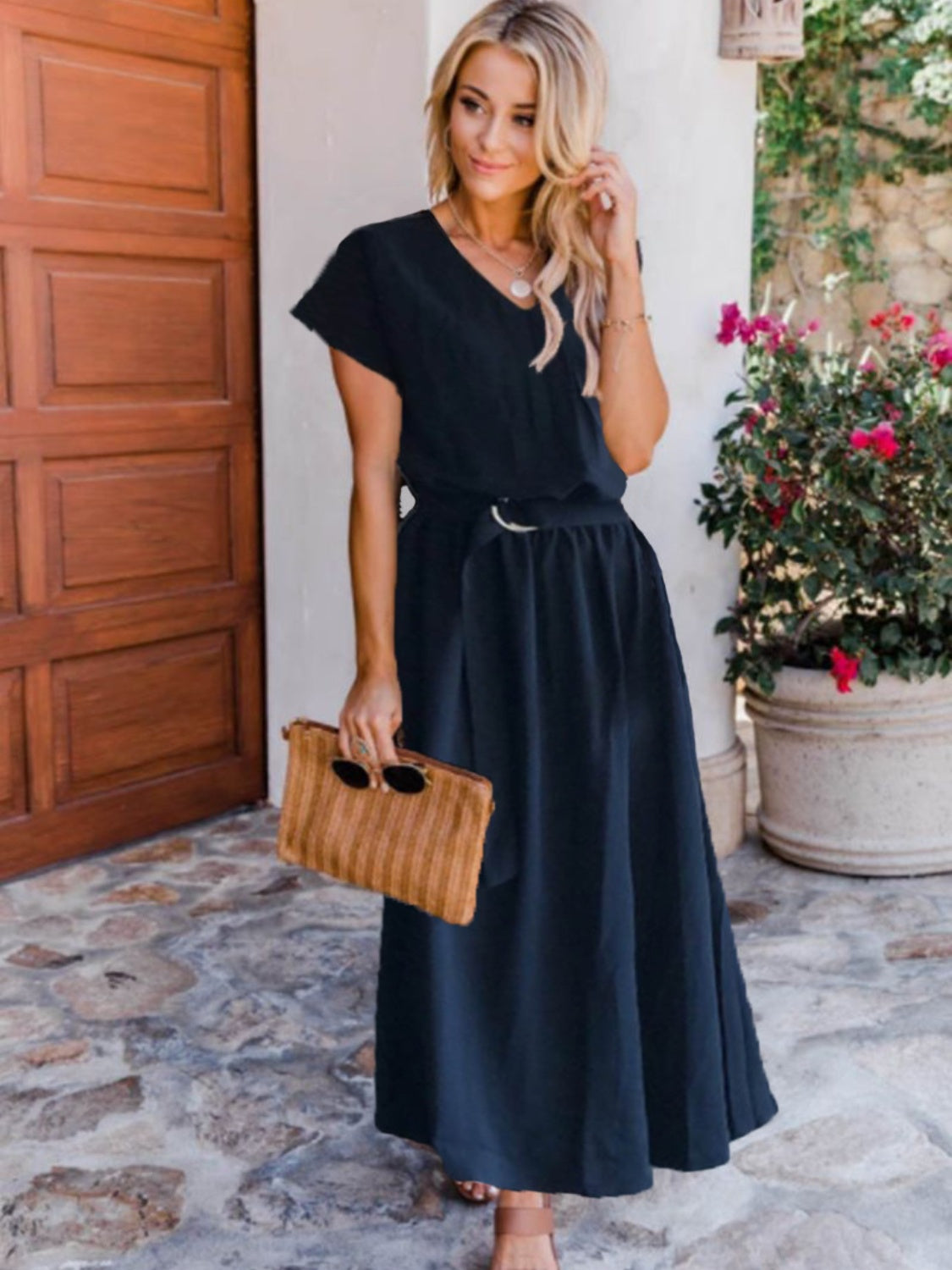 Ruched V-Neck Cap Sleeve Dress