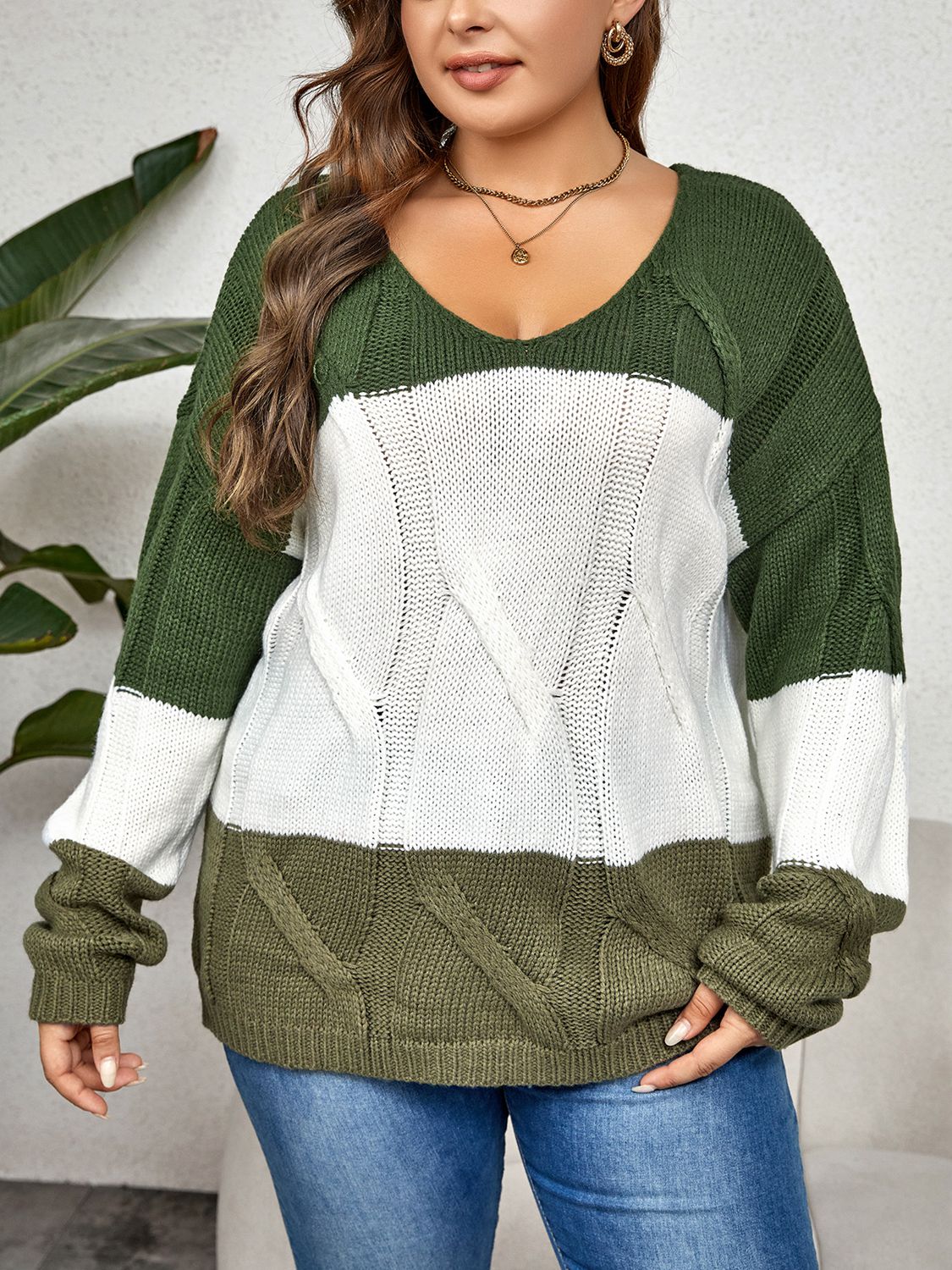 Plus Size Color Block Long Sleeve Sweater