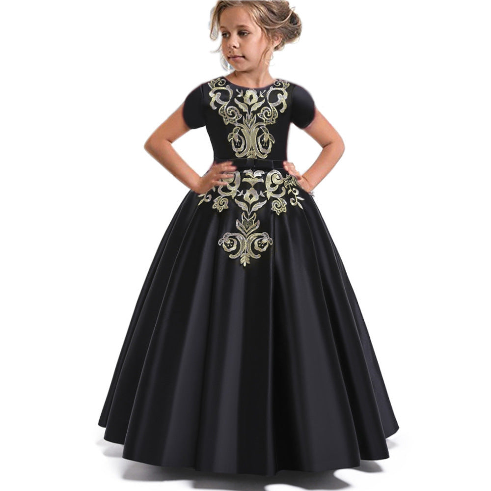 Children's Dress High-end Satin Embroidered Umbrella Princess Dress Long Flower Girl Wedding Dress