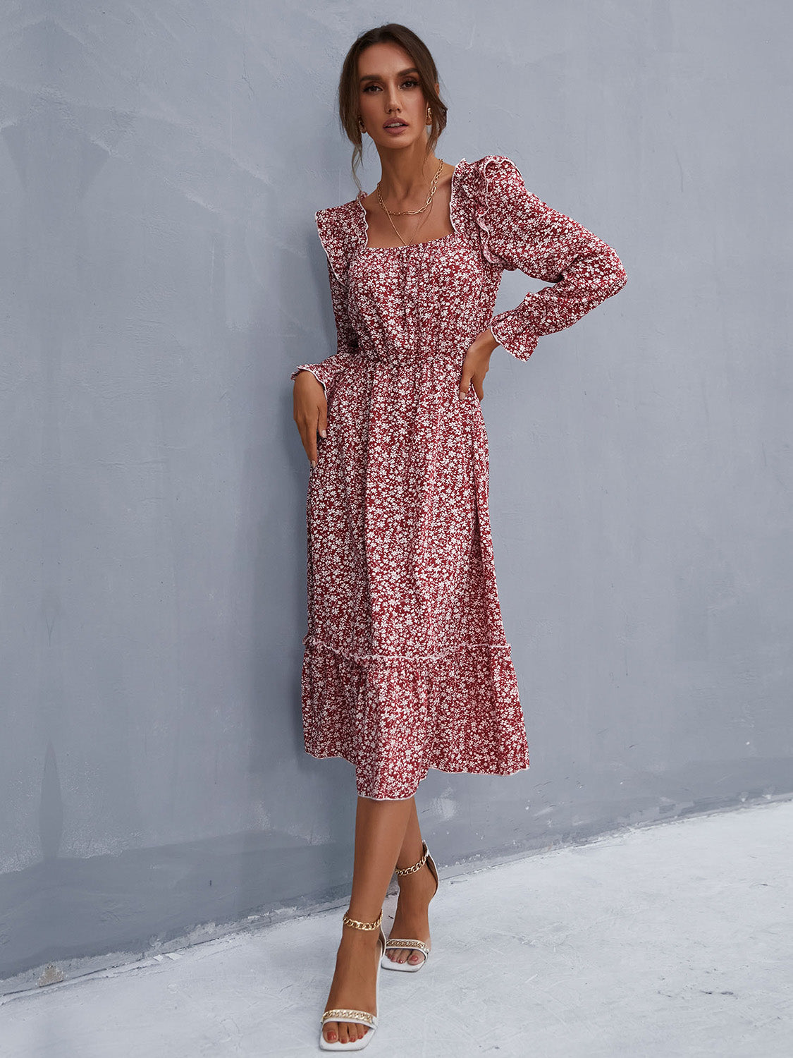 Perfee Ruffled Ditsy Floral Flounce Sleeve Dress