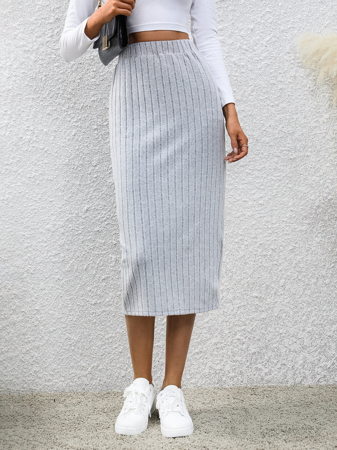 Slit Elastic Waist Midi Sweater Skirt