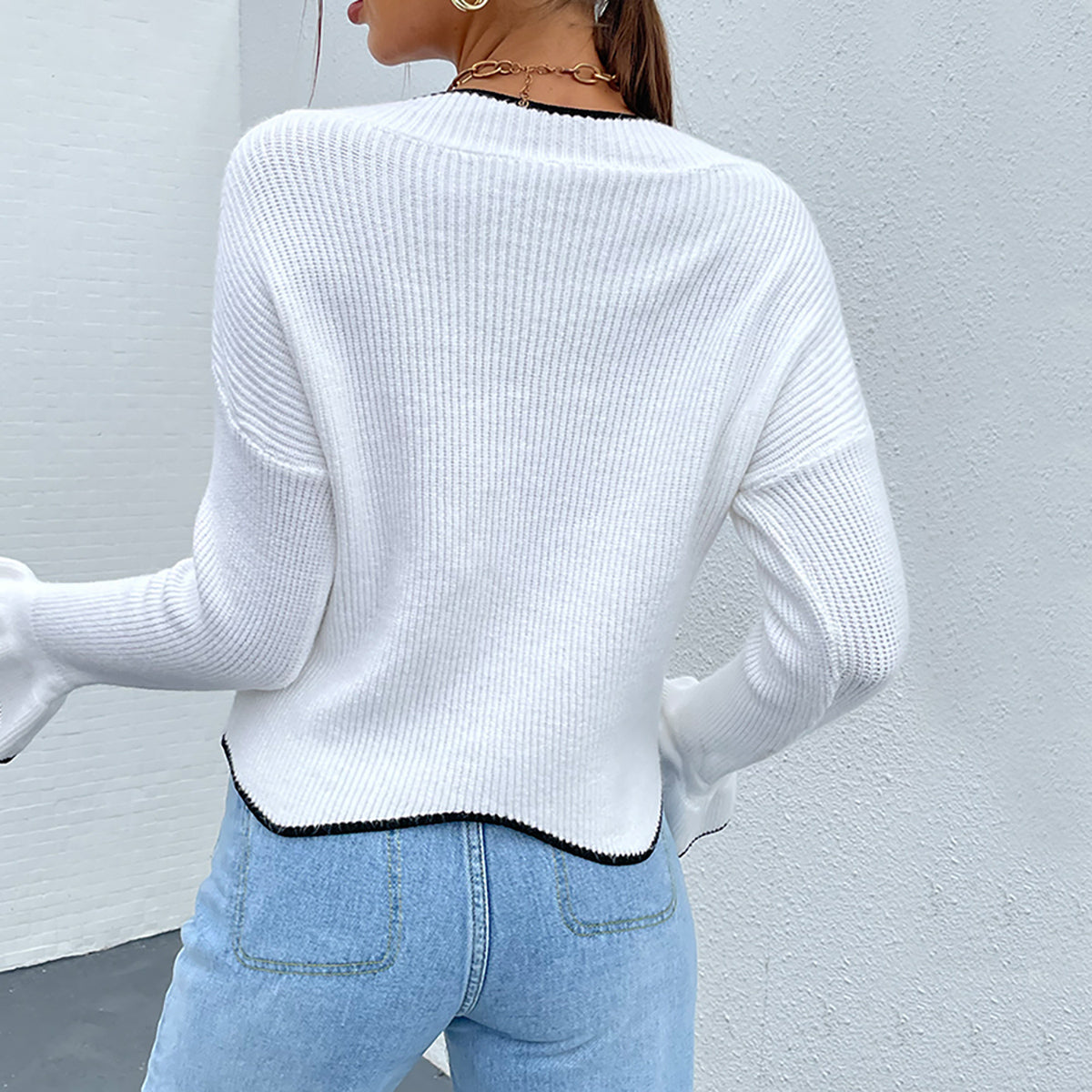 Flounce Sleeve V-Neck Sweater