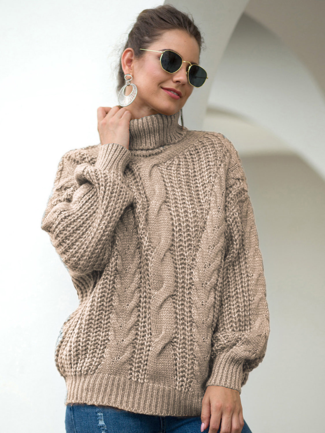 Turtleneck Cable-Knit Dropped Shoulder Sweater