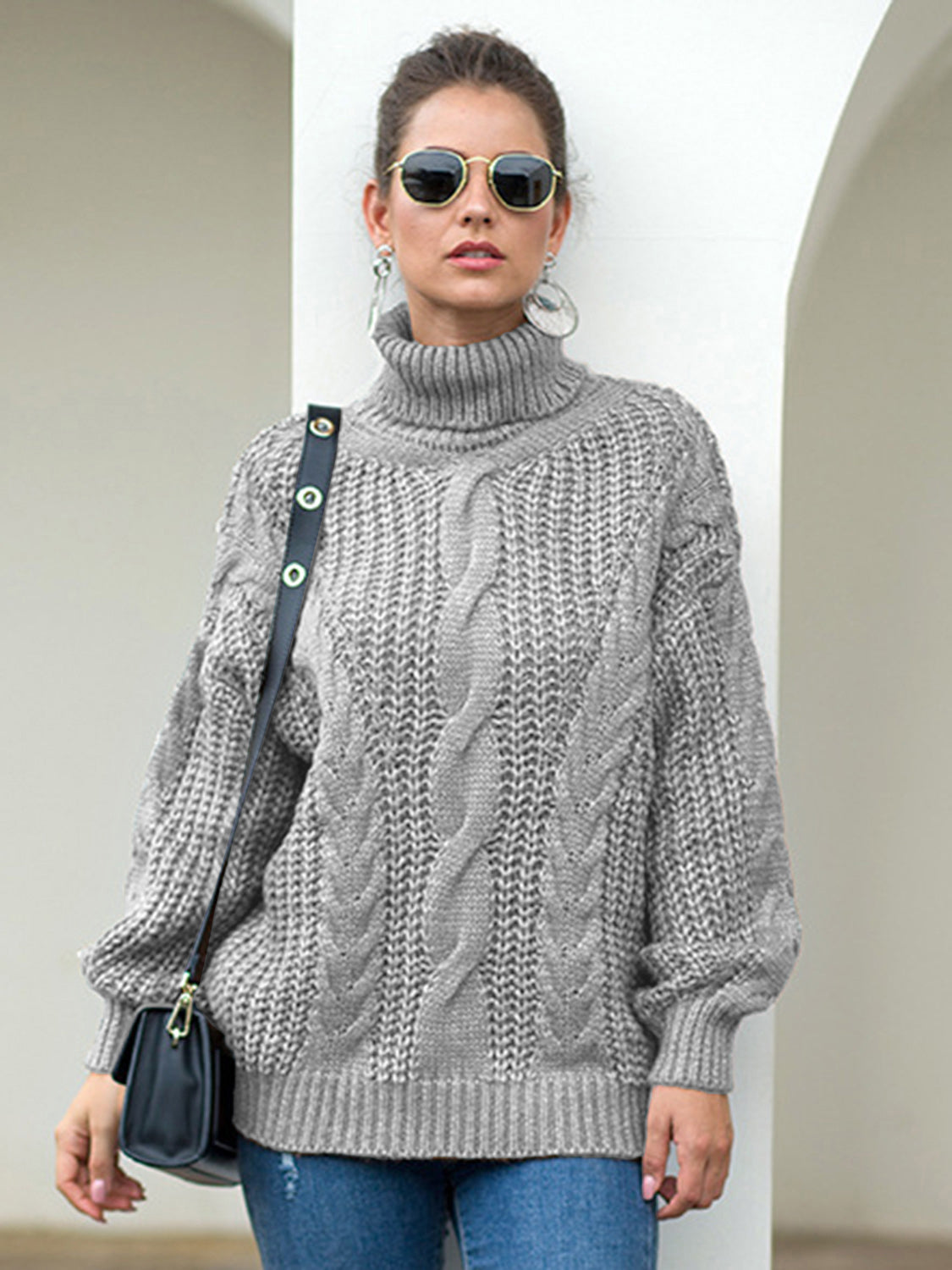 Turtleneck Cable-Knit Dropped Shoulder Sweater