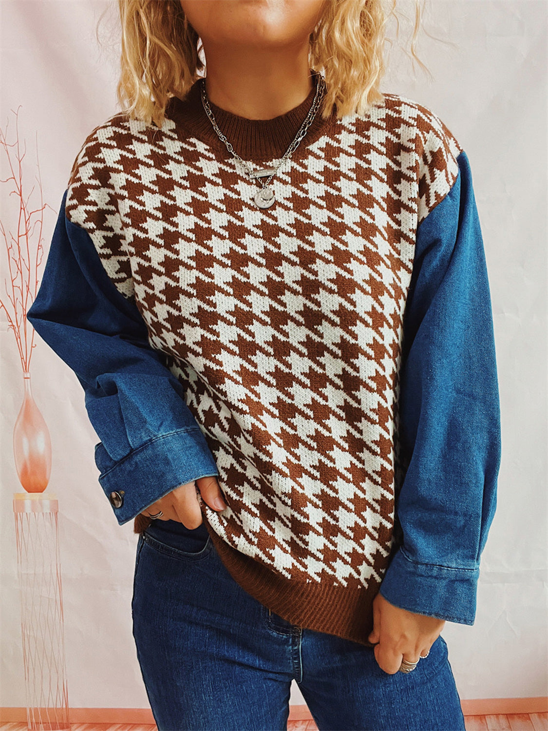 Houndstooth Denim Sleeve Sweater