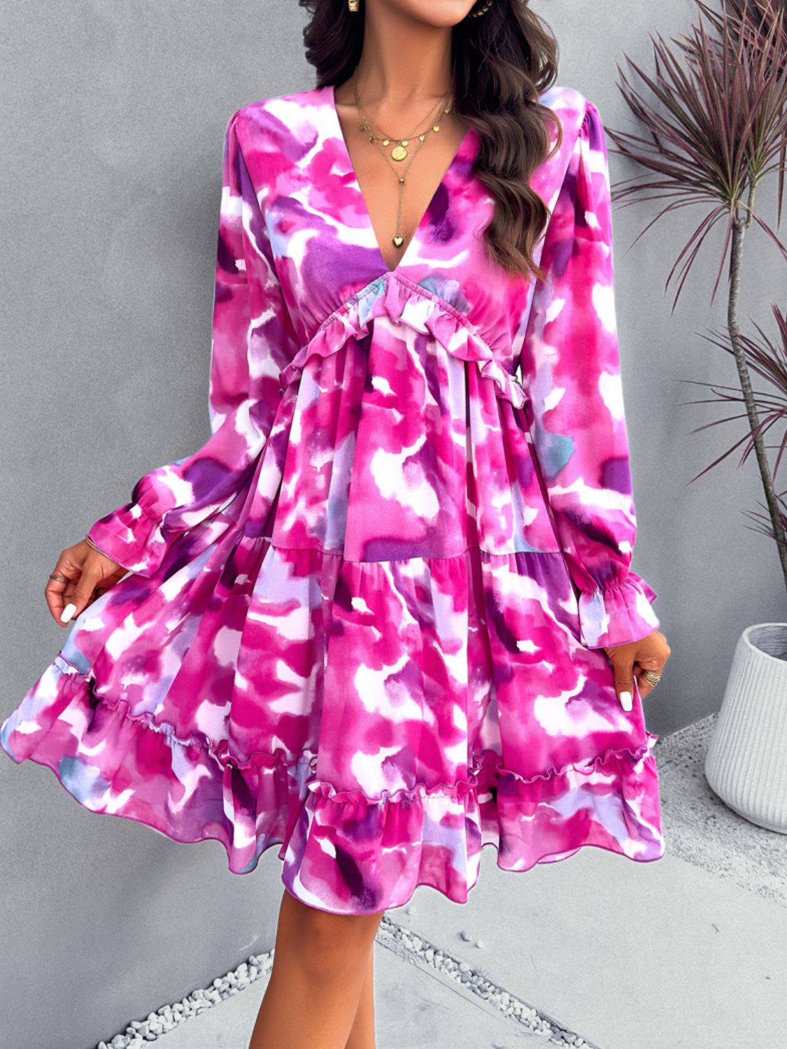 Devine Backless Printed V-Neck Flounce Sleeve Dress