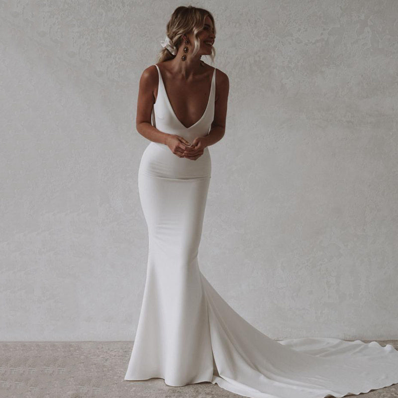 Mermaid Beach Wedding Deep V-Neck Back Dress